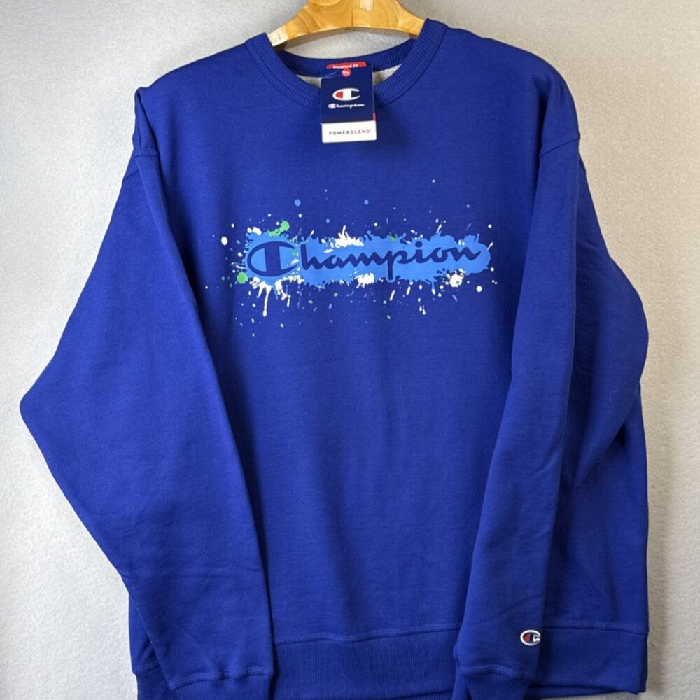 NWT Champion Sweater Mens Size XL Powerblend Graphic Crewneck Blue Big Logo Cozy